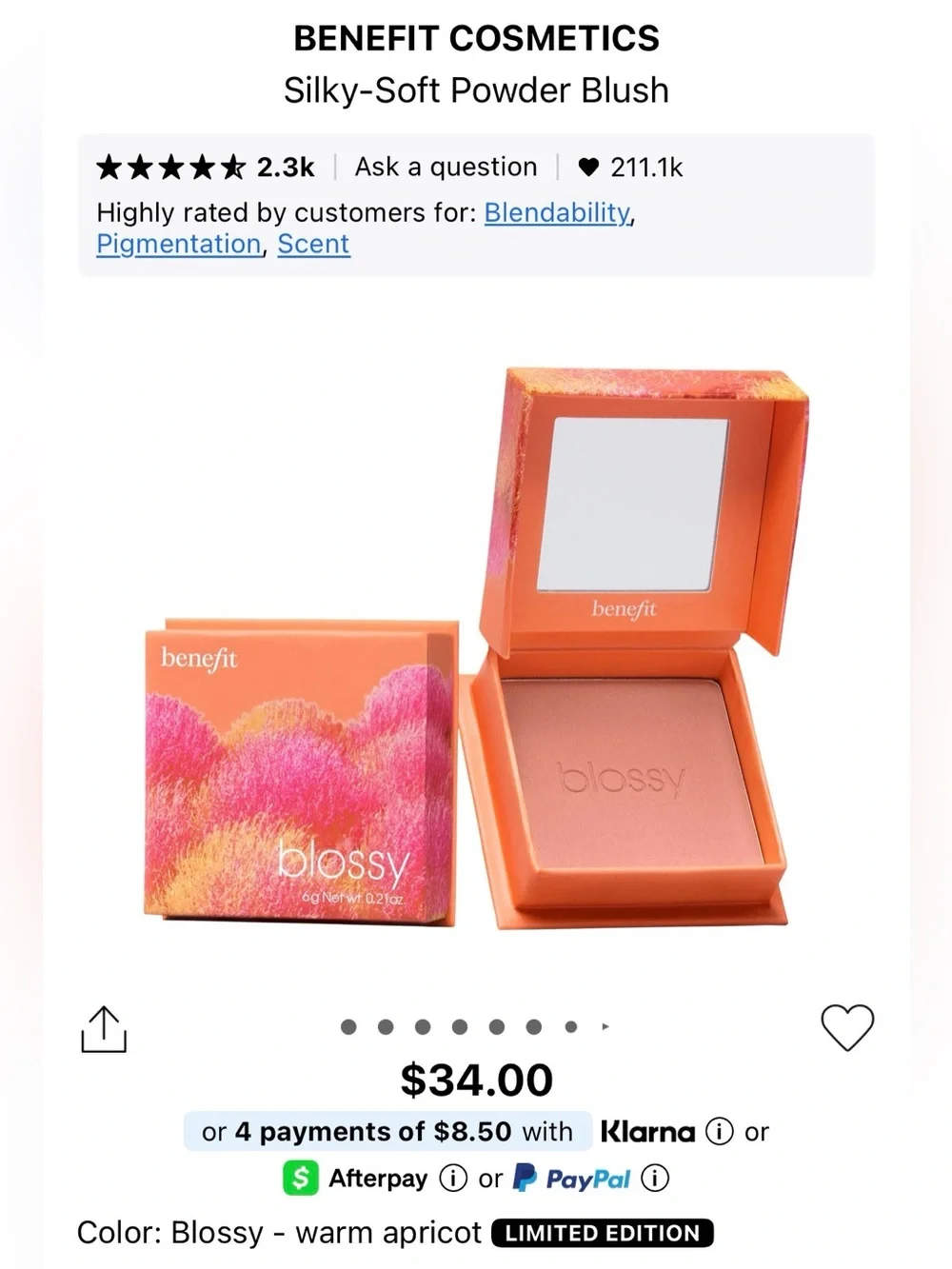 Benefit Silky Soft Powder Blush in Shade Blossy
